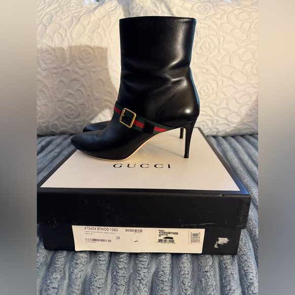 Gucci Black Napa Leather Charlotte Ankle Booties with Gold Buckle - Picture 2 of 10